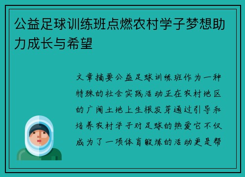 公益足球训练班点燃农村学子梦想助力成长与希望