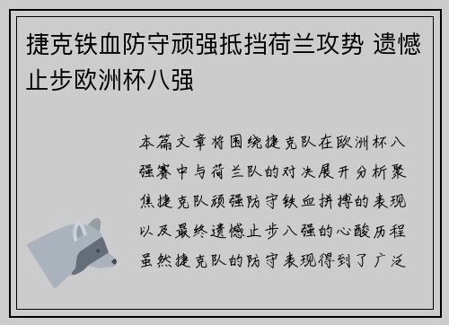 捷克铁血防守顽强抵挡荷兰攻势 遗憾止步欧洲杯八强