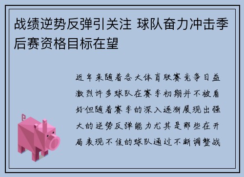 战绩逆势反弹引关注 球队奋力冲击季后赛资格目标在望