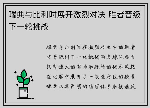 瑞典与比利时展开激烈对决 胜者晋级下一轮挑战