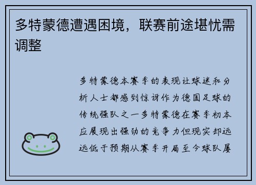 多特蒙德遭遇困境，联赛前途堪忧需调整