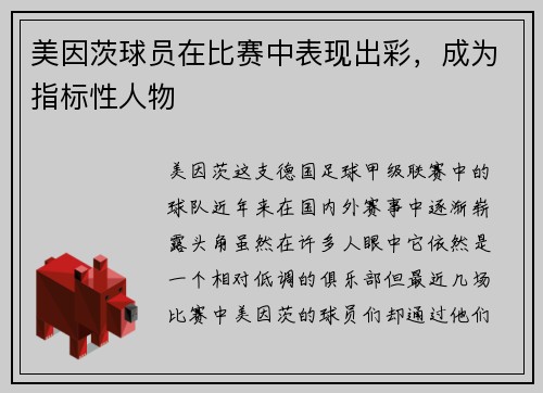 美因茨球员在比赛中表现出彩，成为指标性人物