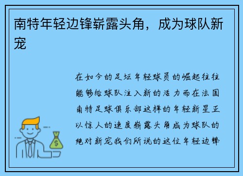 南特年轻边锋崭露头角，成为球队新宠