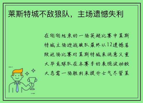 莱斯特城不敌狼队，主场遗憾失利