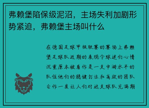 弗赖堡陷保级泥沼，主场失利加剧形势紧迫，弗赖堡主场叫什么