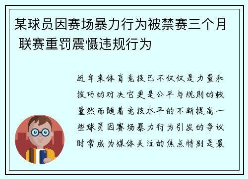 某球员因赛场暴力行为被禁赛三个月 联赛重罚震慑违规行为