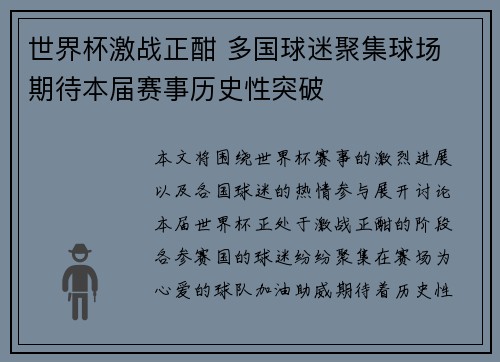 世界杯激战正酣 多国球迷聚集球场 期待本届赛事历史性突破