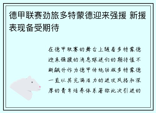 德甲联赛劲旅多特蒙德迎来强援 新援表现备受期待