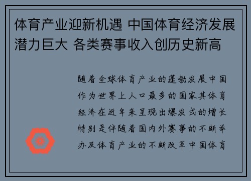 体育产业迎新机遇 中国体育经济发展潜力巨大 各类赛事收入创历史新高
