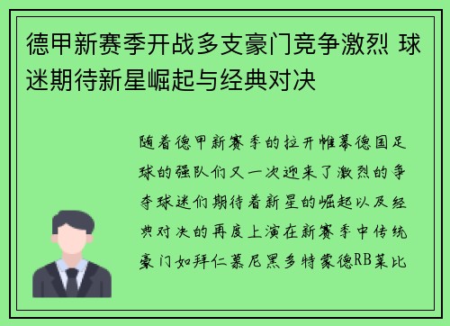 德甲新赛季开战多支豪门竞争激烈 球迷期待新星崛起与经典对决